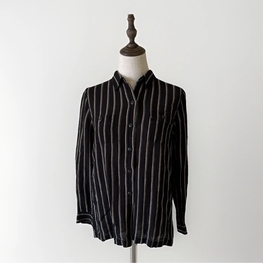 Lauren Ralph Lauren‎ Petite P/L Silk Linen Blouse Black Beige Stripe Button Down